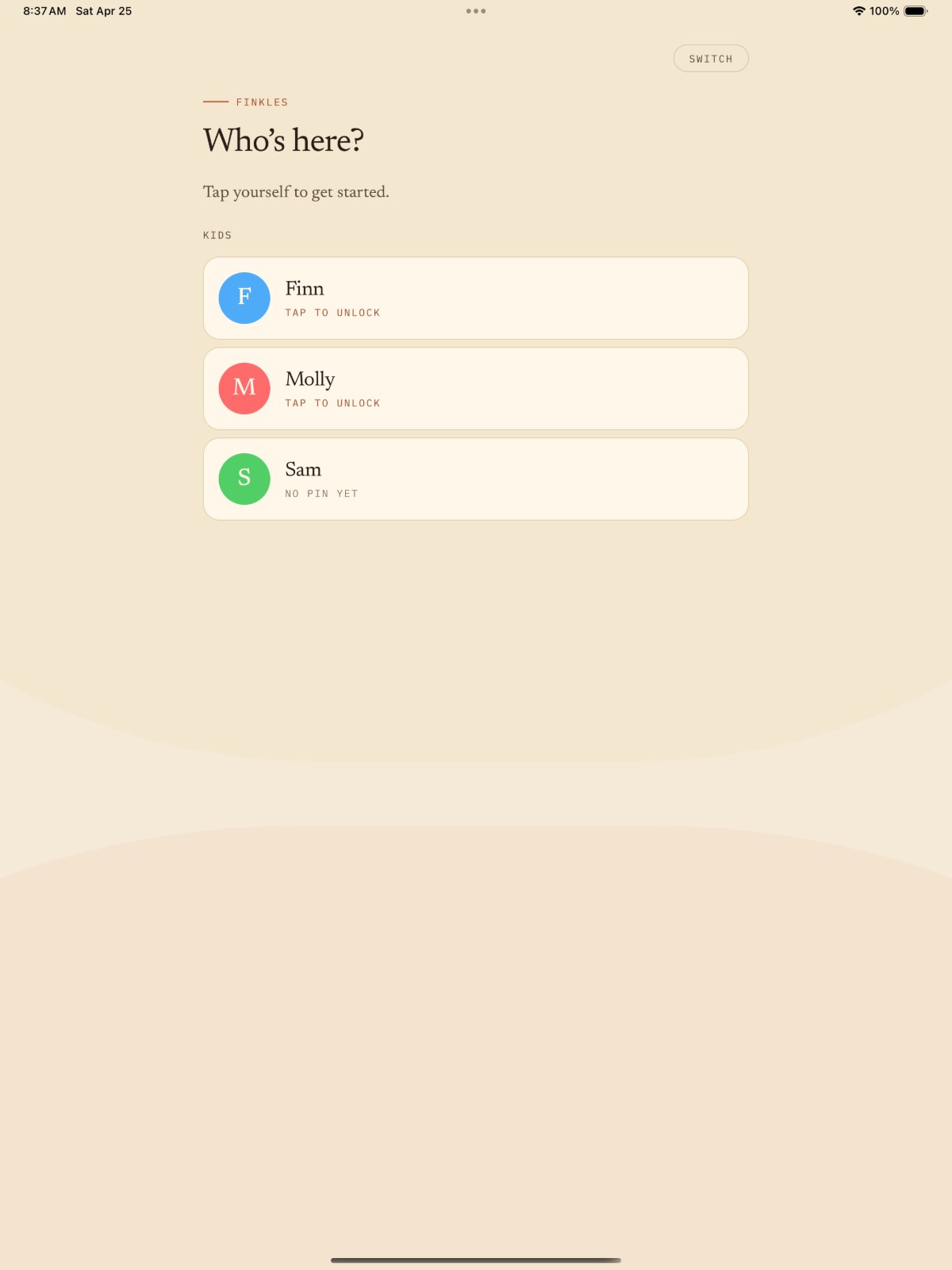 Shared kitchen tablet — household picker